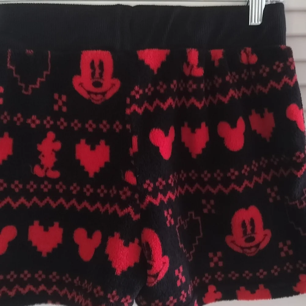 Mickey Mouse Disney Shorts Womens Large Red Black Fleece Shorts Pajamas Lounge - Picture 2 of 5